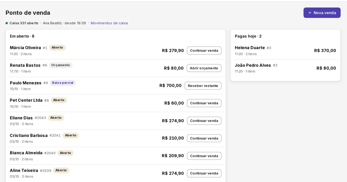 Ponto de venda com as vendas em aberto, cada uma com a sua ação, e as pagas do dia