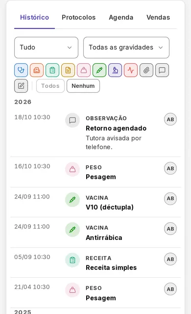 Histórico do paciente no Orbivet, aberto no celular